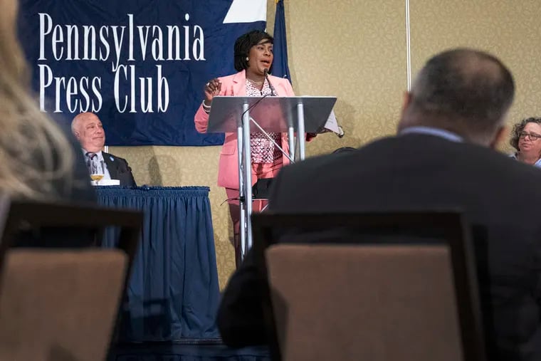 Philadelphia Mayor Cherelle L. Parker speaks at the Pennsylvania Press Club on Monday in Harrisburg.