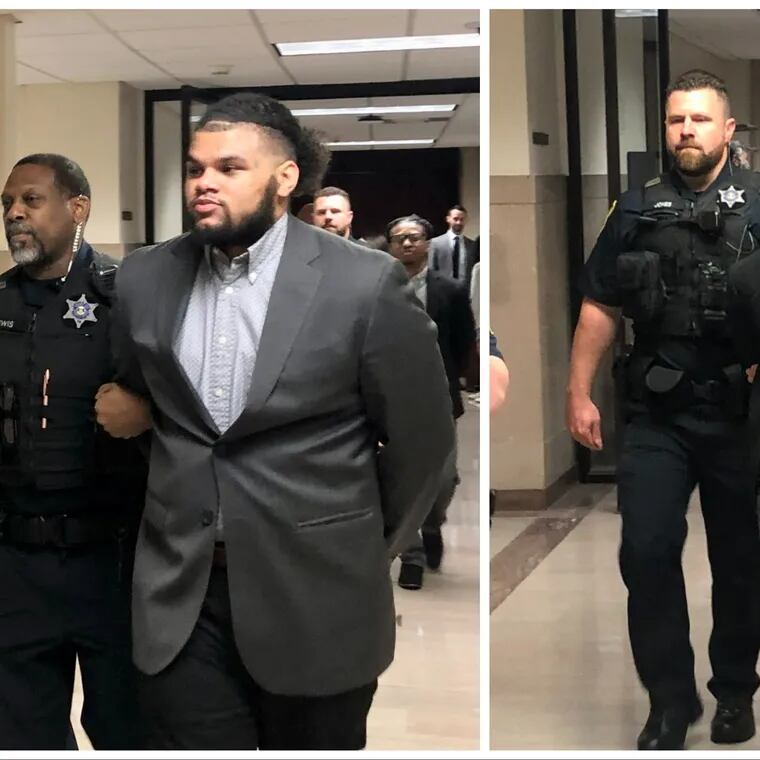 Cody Reed (left) and Marquise Johnson are escorted out of a courtroom in the Montgomery County Courthouse on Monday. The two men were convicted of murder, robbery and conspiracy for killing Daquan Tucker after luring him to the Schuylkill River Trail last year.