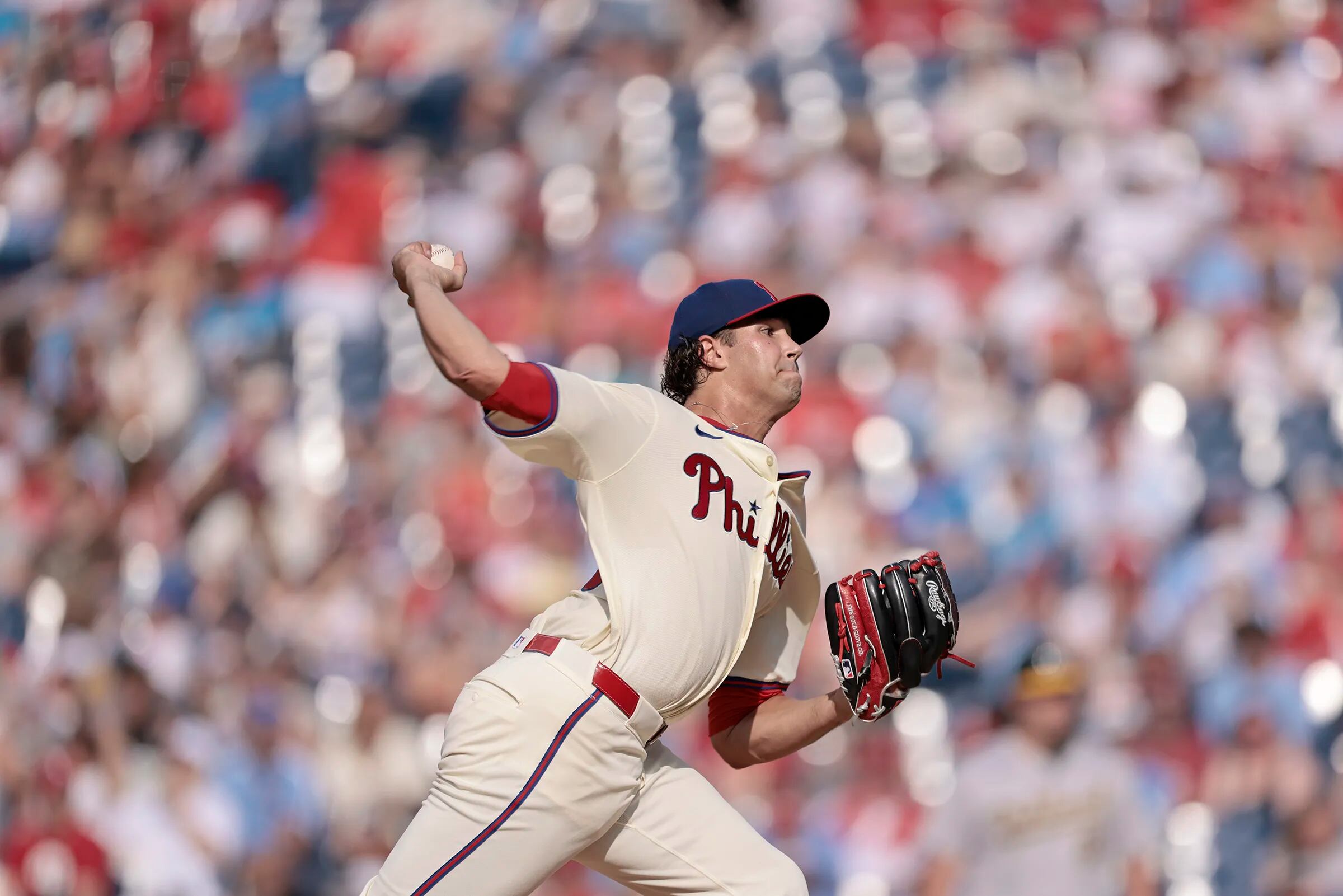 Phillies Tyler Phillips delivers a pitch during the Oakland Athletics vs. Philadelphia Phillies MLB game at Citizens Bank Park in Philadelphia on Saturday, July 13, 2024.