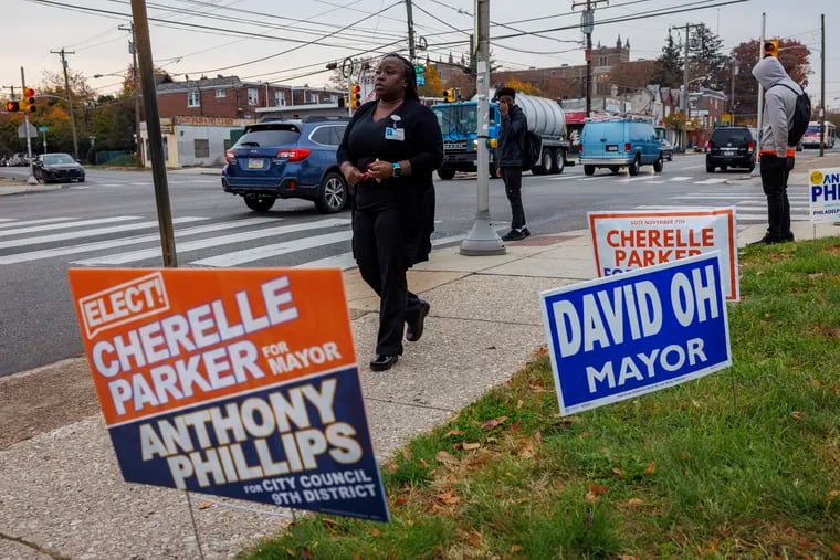 Lawn signs in front of polling place inside the Masjidullah at Washington and Limekiln Pike on Election Day in Philadelphia, Tuesday, Nov. 7, 2023.