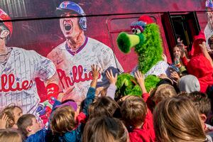 Pictures of the Phanatic rallying South Jersey elementary school students