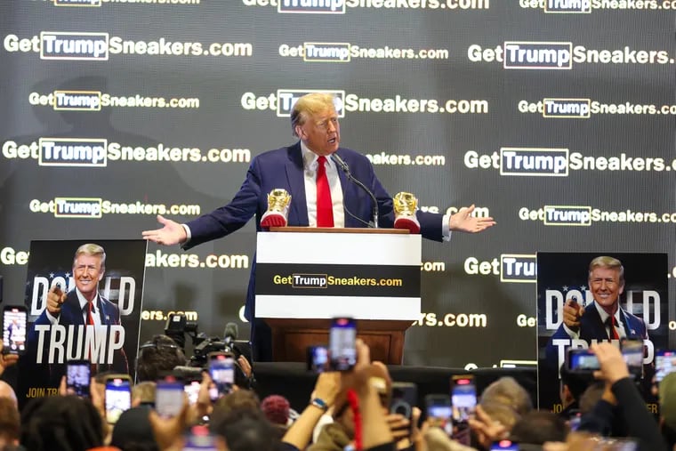 Former President Donald Trump speaks at Sneaker Con at the Pennsylvania Convention Center in Philadelphia on Feb. 17.