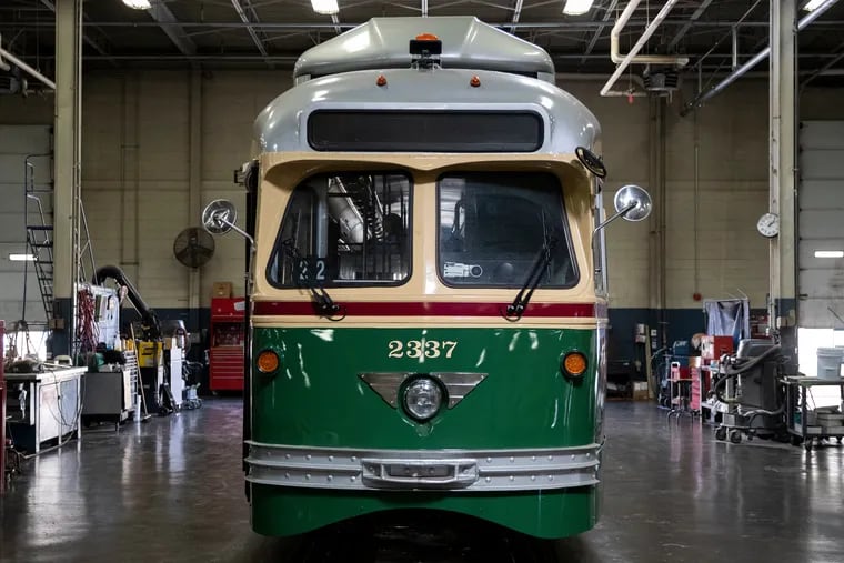 A restored 1947 trolley at the SEPTA Woodland Shop in Philadelphia in August 2022. The 18 trolleys are being rebuilt before they are put back in service.