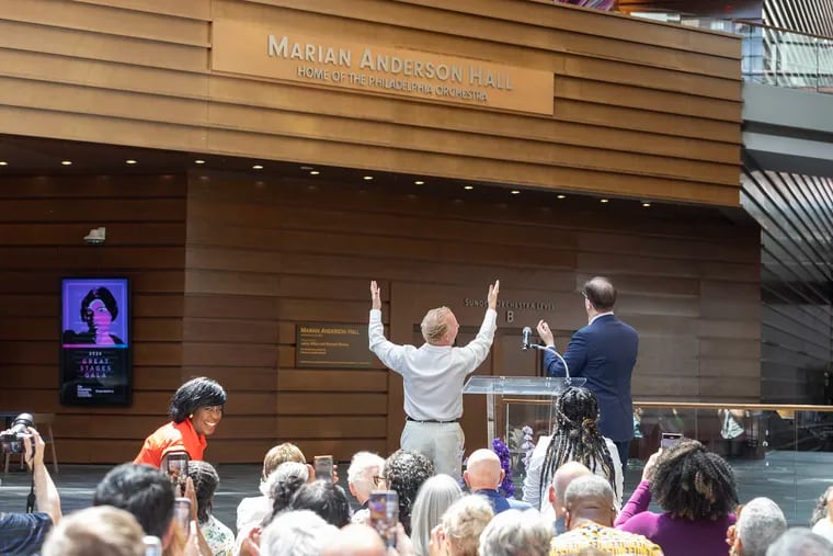 The Kimmel Center's Verizon Hall was renamed Marian Anderson Hall at a rededication ceremony Saturday, which was declared Marian Anderson Day in the city and the commonwealth. Nézet-Séguin (left), Philadelphia Orchestra music and artistic director, and Matias Tarnopolsky, orchestra and Kimmel Center chief, celebrating the unveiling Saturday.