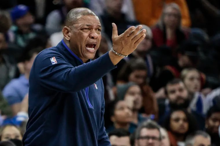 Sixers head coach Doc Rivers unhappy with a call playing the Magic during the 4th quarter at the Wells Fargo Center in Philadelphia, Monday,  January 30, 2023. Sixers 7 game winning streak comes to and end at the hands of the Magic 119-109.