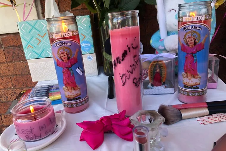 A memorial is set up on Oct. 21, 2019, for a 2-year-old girl who was fatally shot in Philadelphia.