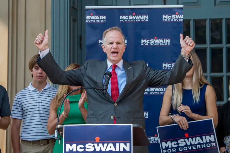 Former U.S. Attorney Bill McSwain announces his Republican campaign for Pennsylvania governor on Monday outside the Chester County Courthouse  in West Chester, Pa.