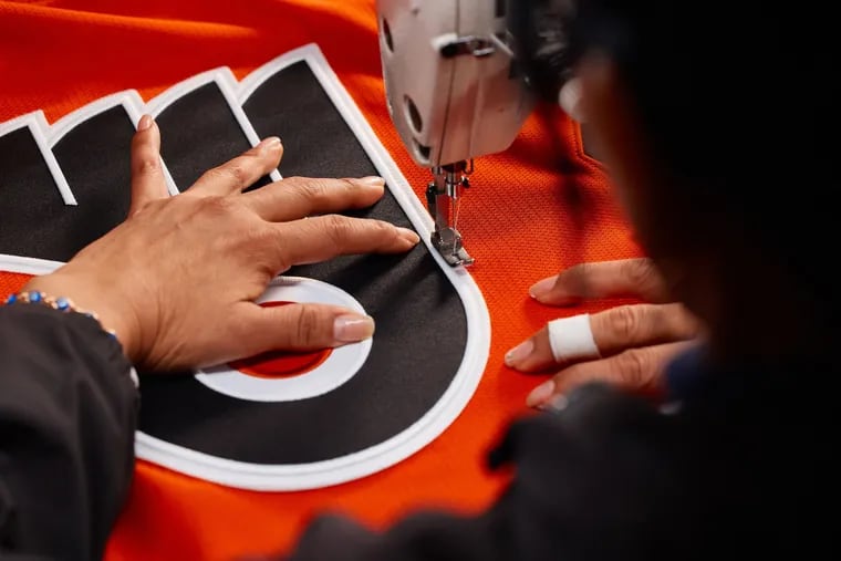 The Flyers crest is stitched on the front of one of the team's new Fanatics jerseys, which will be worn next season across the NHL.