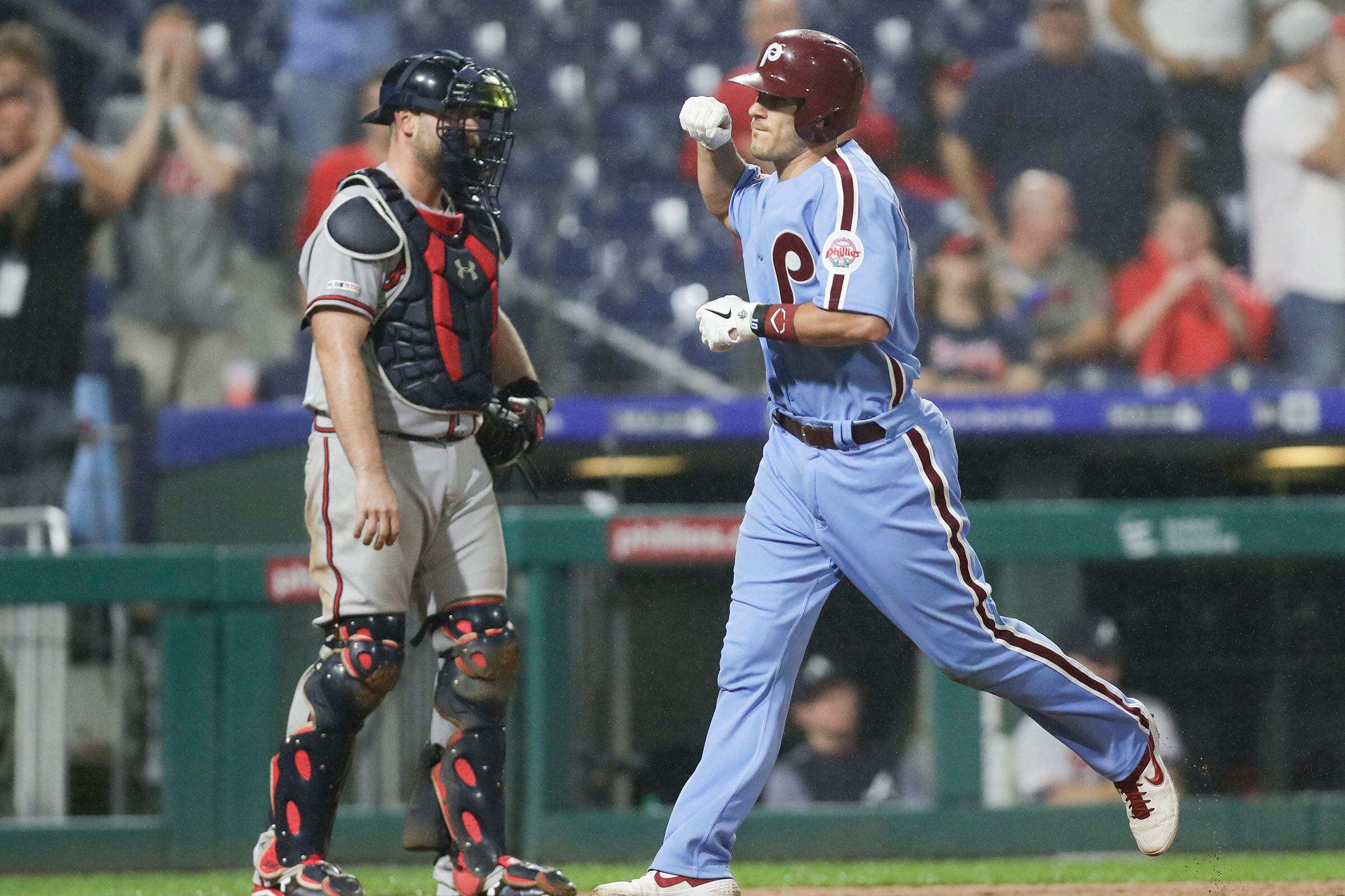 Atlanta Braves catcher Brian McCann, left, talks with pitcher Sean