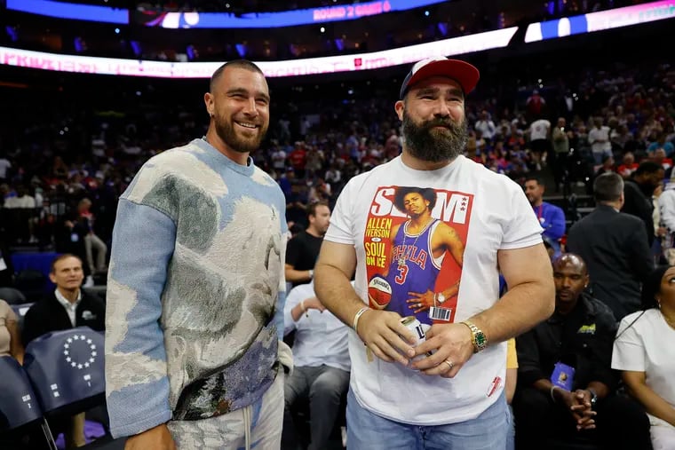 Eagles’ Jason Kelce, right, and his brother, Kansas City Chiefs tight end Travis Kelce, took a family trip to London last weekend.