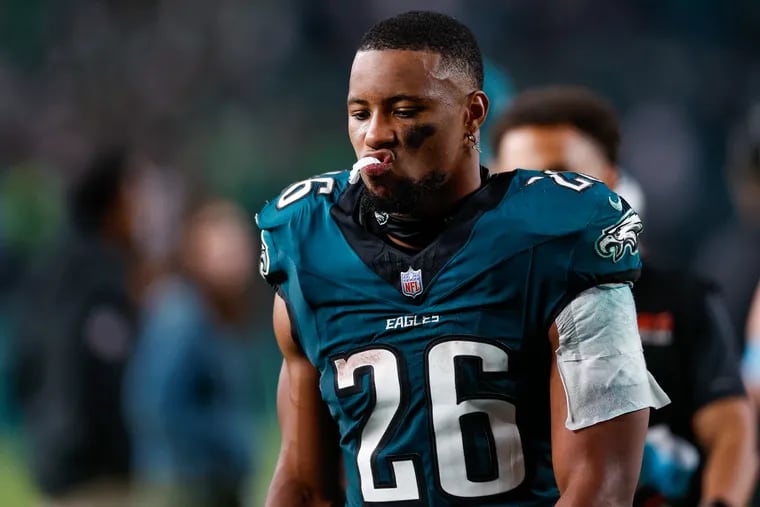 Eagles running back Saquon Barkley leaves the field after the Eagles loss to the Falcons 22-21 in the home opener at Lincoln Financial Field on Monday, Sept. 16, 2024.