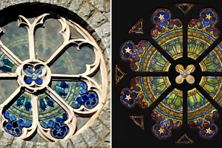 A 2019 photo (left) of one of two Tiffany stained glass rose windows at the historic church at 50th and Baltimore and the restored window, “with custom wood display framing“ (right) as offered for sale by Freeman’s action house.