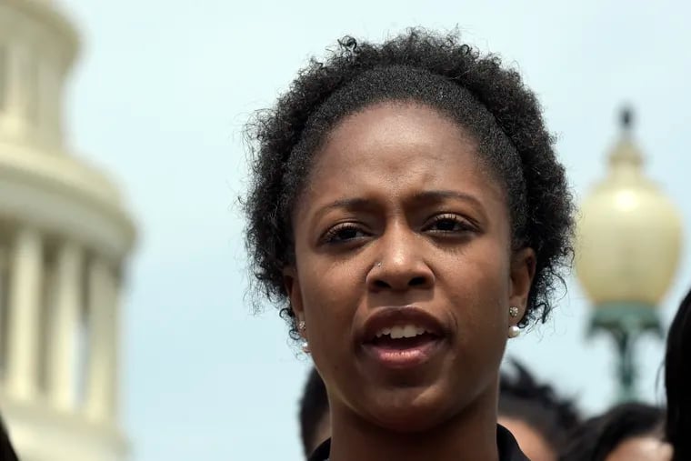 In this Thursday, May 4, 2017 photo, American University student government president Taylor Dumpson speaks during a news conference on Capitol Hill in Washington.  Dumpson is seeking more than $1.5 million in court-ordered damages against a neo-Nazi website operator who orchestrated an online harassment campaign against her. In a court filing Monday, April 29, 2019,  Dumpson's attorneys asked a federal judge in Washington for a default judgment against The Daily Stormer founder Andrew Anglin and a follower who racially harassed Dumpson on Twitter. (AP Photo/Susan Walsh, File)