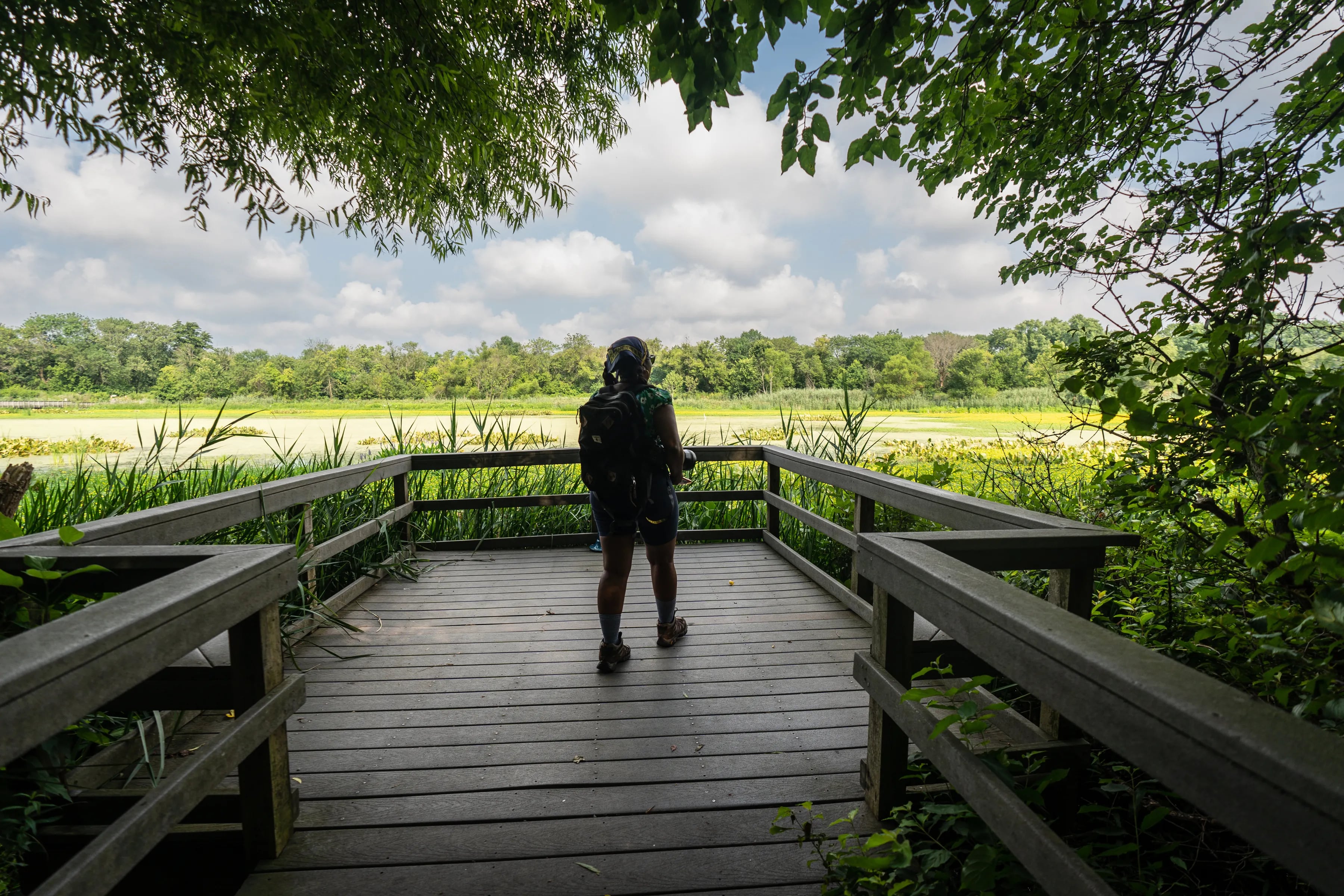 When Christy Hyman's son passed away, she turned to birding to find solace. She is shown here birding at John Heinz National Wildlife Refuge on July 20, 2023. 