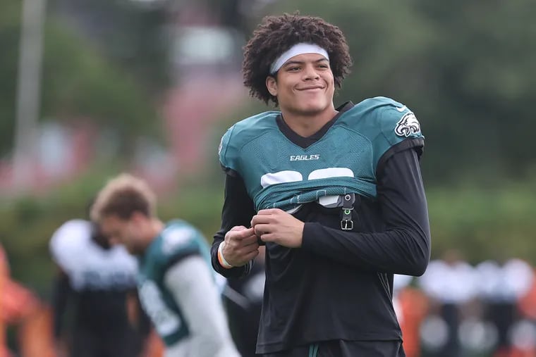 Eagles wide receiver Johnny Wilson smiles as he prepares for the start of the training camp session at the NovaCare Complex on Sunday.