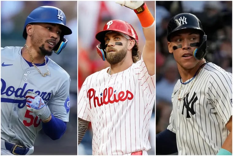 The Dodgers' Mookie Betts (left), the Phillies' Bryce Harper (center), and the Yankees' Aaron Judge.