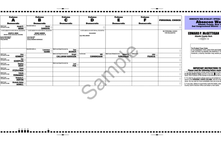 A Democratic mail-in ballot for New Jersey's 2020 primary. The ballot was an exhibit in U.S. Rep. Andy Kim's lawsuit challenging New Jersey’s use of “the line” in determining ballot position in his Democratic primary race.