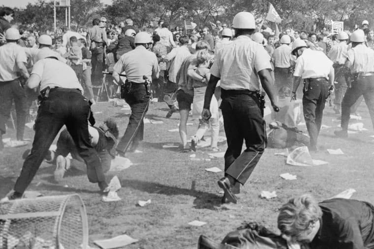 Police reroute demonstrators as they try to clear Grant Park during the Democratic National Convention in Chicago on Aug. 28, 1968. As pro-Palestinian demonstrations escalate on college campuses around the country, critics of President Joe Biden’s handling of the Israel-Hamas war suggest this summer’s 2024 Democratic National Convention could be marred by protests and scenes of chaos that undermine his reelection. It raises the specter of a replay of 1968’s DNC, where a violent police crackdown created indelible scenes of chaos.