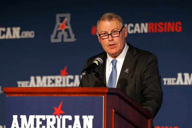 American Athletic Conference Commissioner Mike Aresco addresses the media during an NCAA college football media day in Newport, R.I.