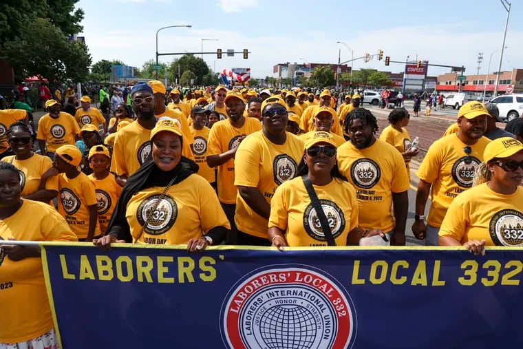 Laborers Local 332 members march during the Labor Day Parade in Philadelphia, Pa. on Monday, Sept. 4, 2023. Thousands of union members and their families made their way up Columbus Boulevard to Penn’s Landing Great Plaza at Chestnut Street, to a family celebration that included food, music, and activities for children.