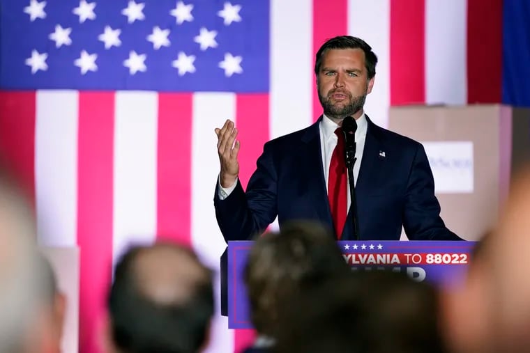 Republican vice presidential nominee Sen. JD Vance, R-Ohio, speaks at a campaign rally, Monday, Aug. 19, 2024, at DiSorb Systems, Inc. in Philadelphia. (AP Photo/Chris Szagola)