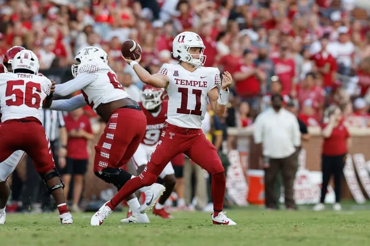 Temple quarterback Forrest Brock (11) passes against Oklahoma during the first quarter of Friday's game in Norman, Okla.