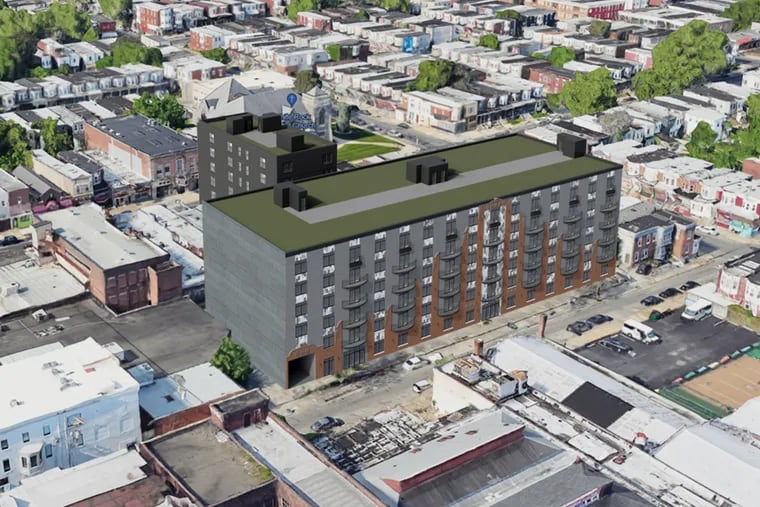 An aerial rendering of the 204-unit apartment building, looking at its Ludlow Street-facing facade.