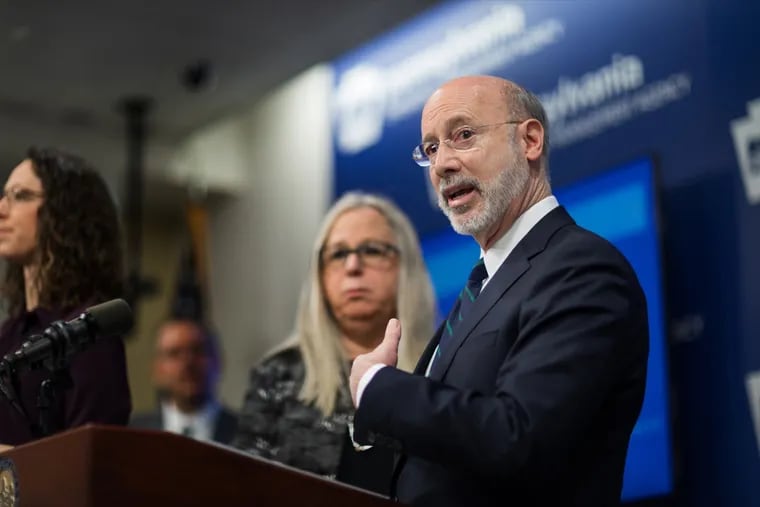 Gov. Tom Wolf speaks during a press conference in March, confirming the first two presumptive positive cases of COVID-19 in Pennsylvania.