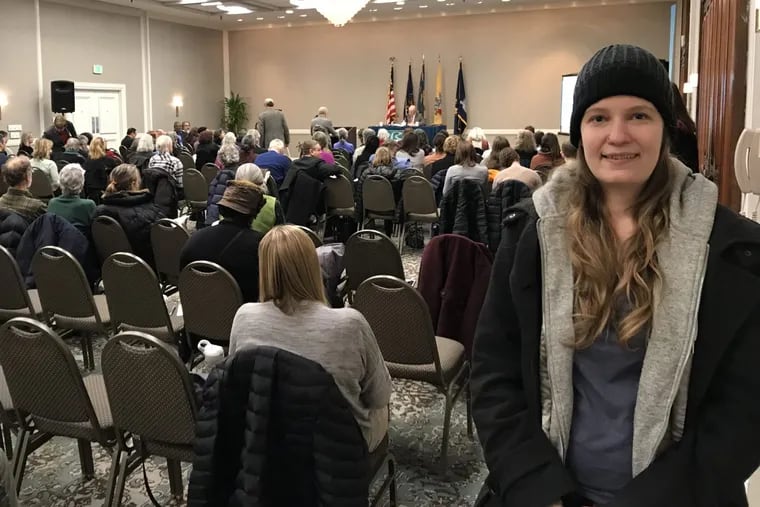 About 120 people showed Thursday afternoon for one of six public meetings on a proposal by the Delaware River Basin Commission to ban natural gas drilling and hydraulic fracturing within the basin. Vanessa Baker, of the Port Richmond section of Philadelphia, spoke in support of the ban.