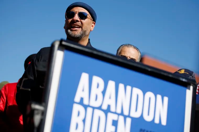 Ribhi Mustafa speaks during an Abandon Biden rally on Independence Mall in Philadelphia, Pa. on Feb. 19, 2024.