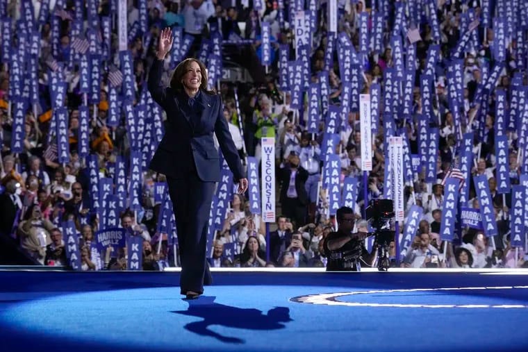 Democratic presidential nominee Vice President Kamala Harris arrives to speak on the final day of the Democratic National Convention on Thursday in Chicago.