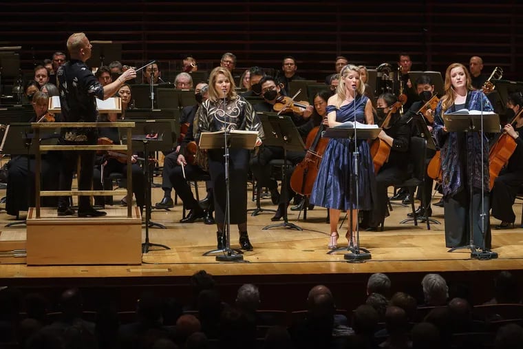"The Hours" had its world premier Friday night at Philadelphia's Kimmel Cultural Campus. From left are Philadelphia Orchestra conductor Yannick Nézet-Séguin and opera stars Renee Fleming, Kelli O’Hara, and Jennifer Johnson Cano.