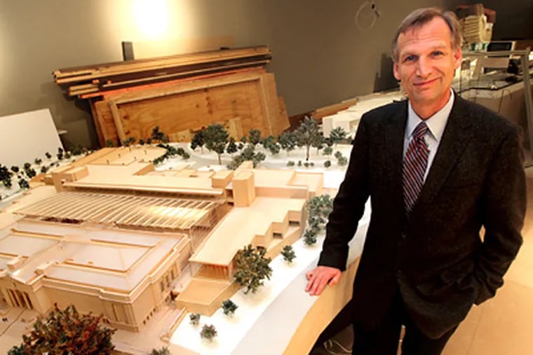 Timothy Rub with a scale model of the Cleveland Museum of Art’s renovations. After guiding construction there, he was named this week to take over the Philadelphia Museum of Art at the start of an ambitious $500 million expansion here. (David M Warren / Staff Photographer)