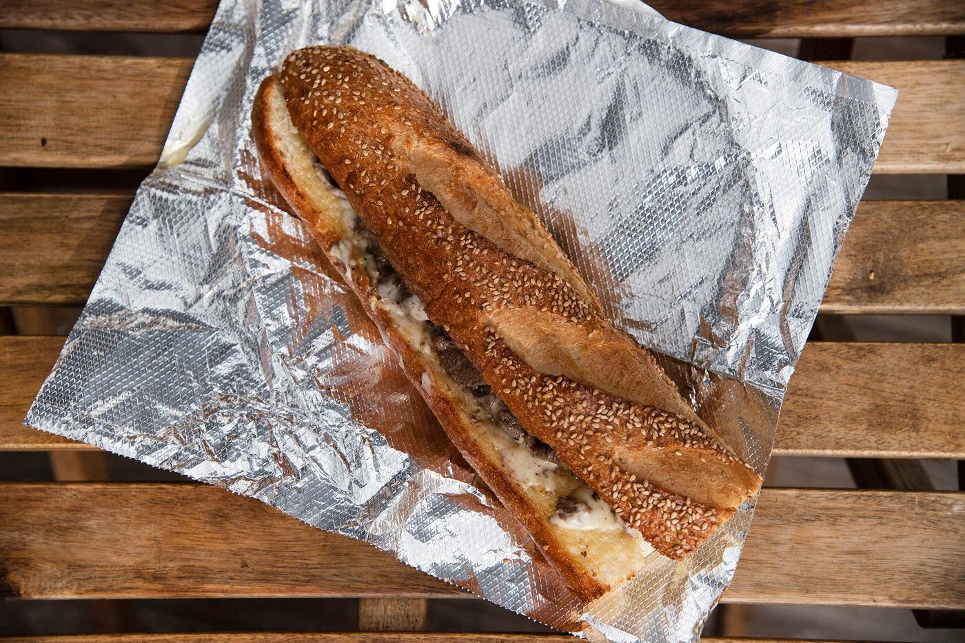 The Tony Head sandwich, which is steak on garlic bread, Angelo's Pizzeria South Philadelphia.