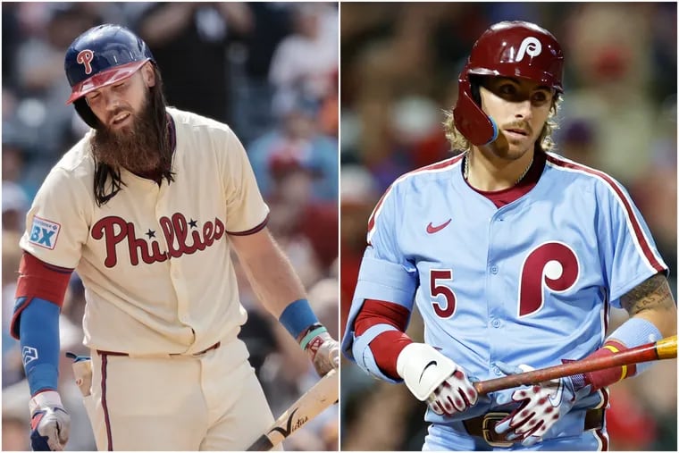 The Phillies' Brandon Marsh (left), and Bryson Stott have struggled at the plate this season.