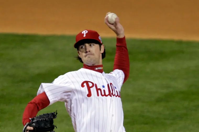 Phillies’ Cole Hamels pitches in the first inning of Game 5 of the 2008 World Series against the Tampa Bay Rays on Oct. 27, 2008.