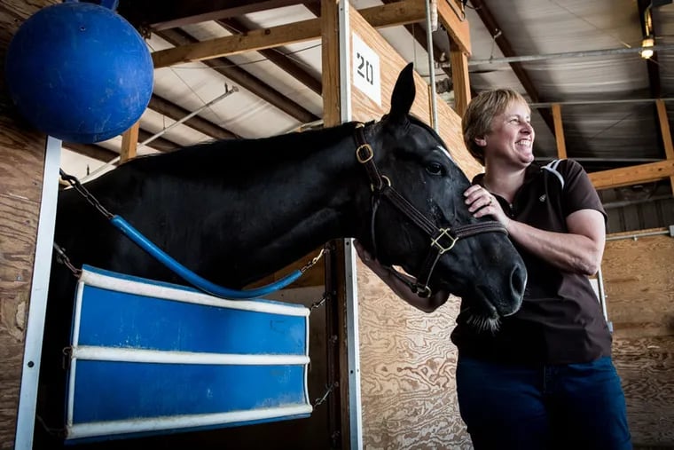 Kathleen DeMasi stands next to Southern Thang inside a stable barn at Parx.