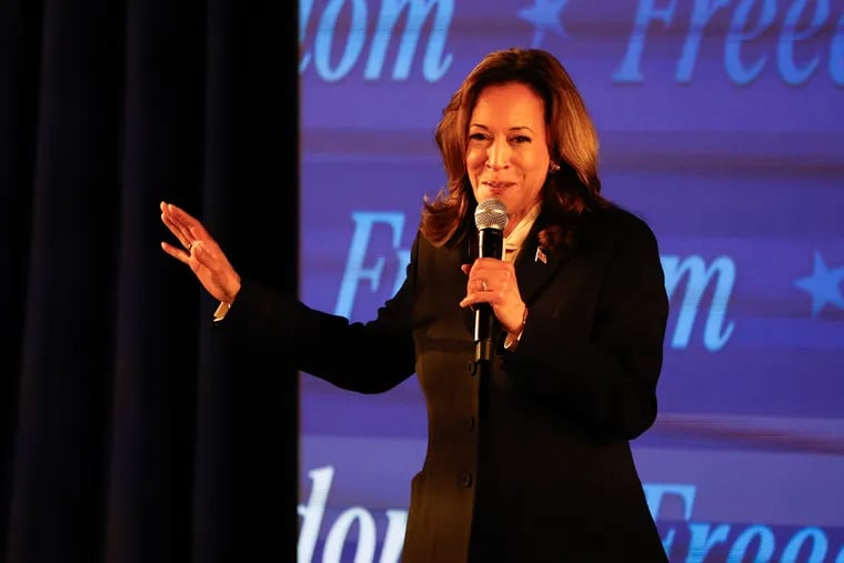 Vice President Kamala Harris speaks with supporters after a debate watch party at the Cherry Street Pier in Philadelphia, Tuesday, Sept. 10, 2024.