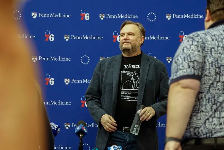 Looking around after the Sixers president Daryl Morey spoke to the media about their No.16 pick Jared McCain from Duke at headquarters in Camden,  Wednesday, June 26, 2024