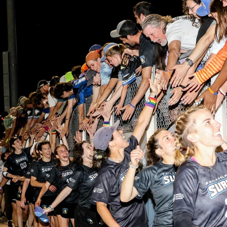 The Philadelphia Surge celebrate with fans after a victory over the Minnesota Strike at Vidas Athletic Complex on Saturday, June 1, 2024, in Philadelphia.