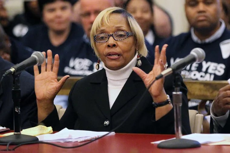 Ms. Peebles speaks at City Hall in 2015 as a representative of the National Action Network.