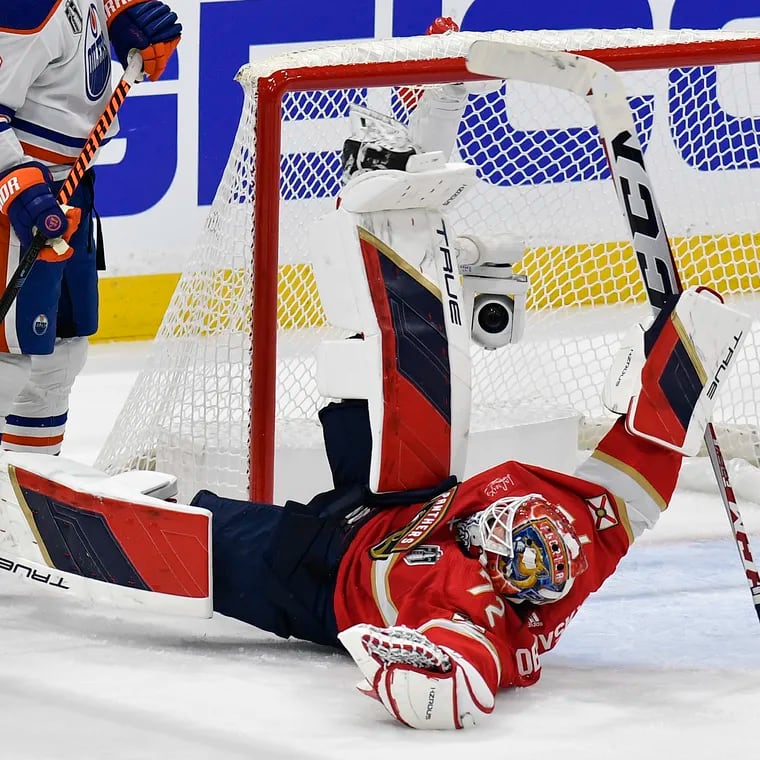 Florida Panthers goaltender Sergei Bobrovsky falls to the ice during the second period of Game 1 against the  Edmonton Oilers.