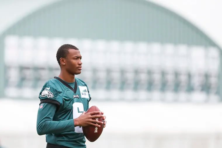 Eagles wide receiver DeVonta Smith (on the sideline during training camp at the NovaCare Complex. Smith will be out 2-3 weeks with an MCL sprain.