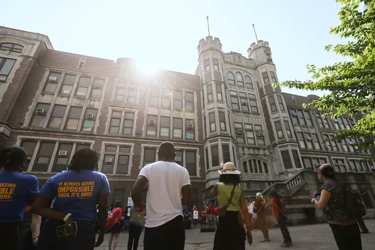 People rally outside of Frankford High School in Philadelphia on Wednesday, May 31, 2023. Frankford High School will be closed for at least another year due to asbestos. Students and staff rallied to demand answers about the future of the school.