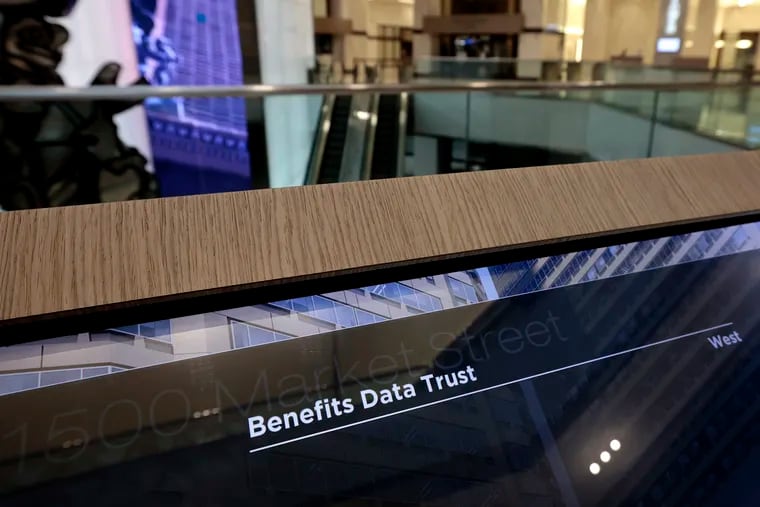 Benefits Data Trust is shown on the directory in the lobby of Centre Square at 1500 Market St. in Philadelphia. The nonprofit announced that it is closing in August.