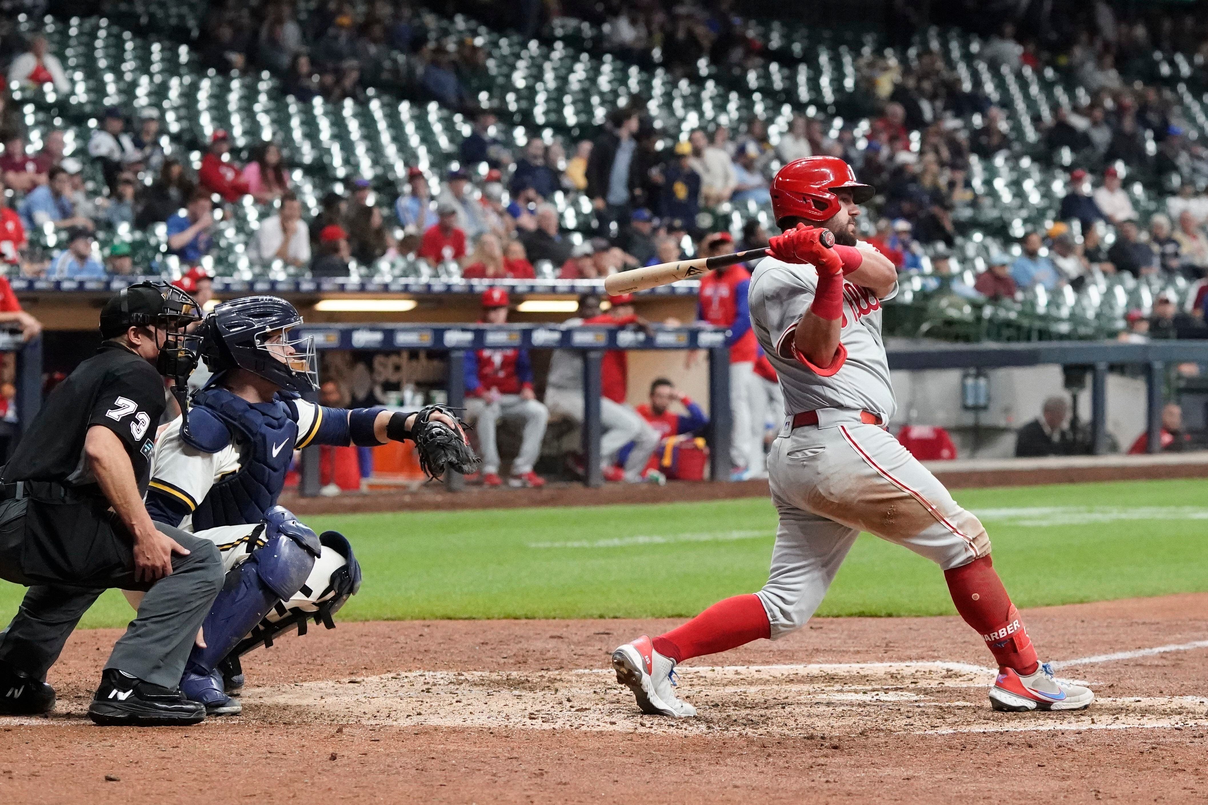Milwaukee, United States. 03rd Sep, 2023. Philadelphia Phillies second  baseman Bryson Stott catches a pop fly hit by Milwaukee Brewers third  baseman Andruw Monasterio in the second inning of their baseball game