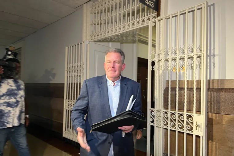 Philip Pulley outside a courtroom in 2022 following lawsuits over the partial collapse of his Lindley Tower apartments in Philadelphia's Logan section.