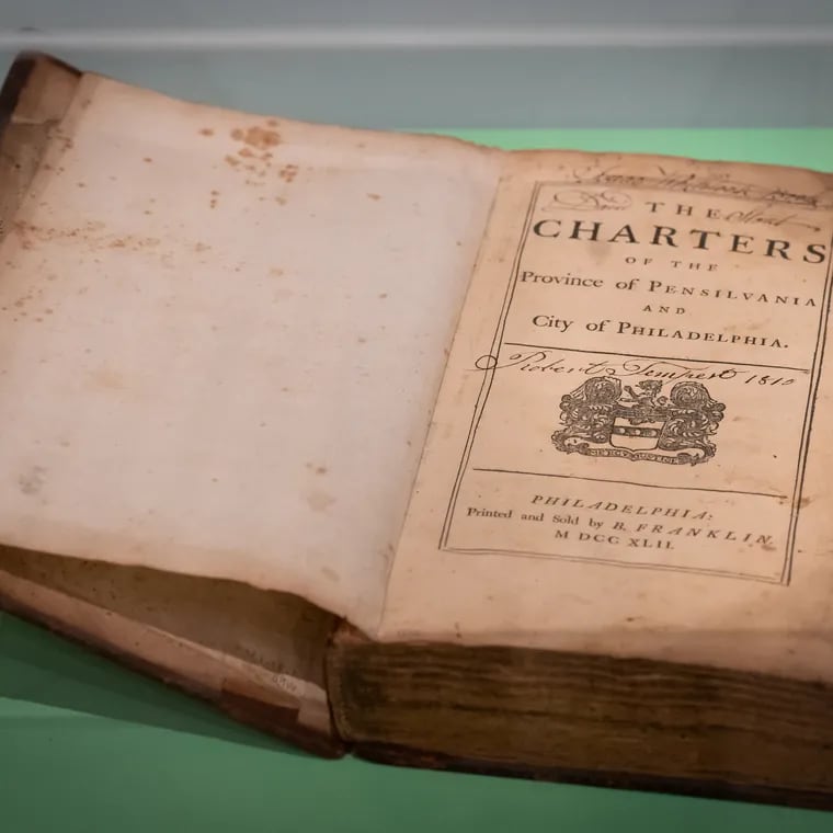 Benjamin Franklin's book, "The Charters of the Province of Pennsylvania and City of Philadelphia" on view in the exhibit "Philadelphia Revealed: Unpacking the Attic," which runs through Dec. 1 at the Pennsylvania Academy of the Fine Arts.