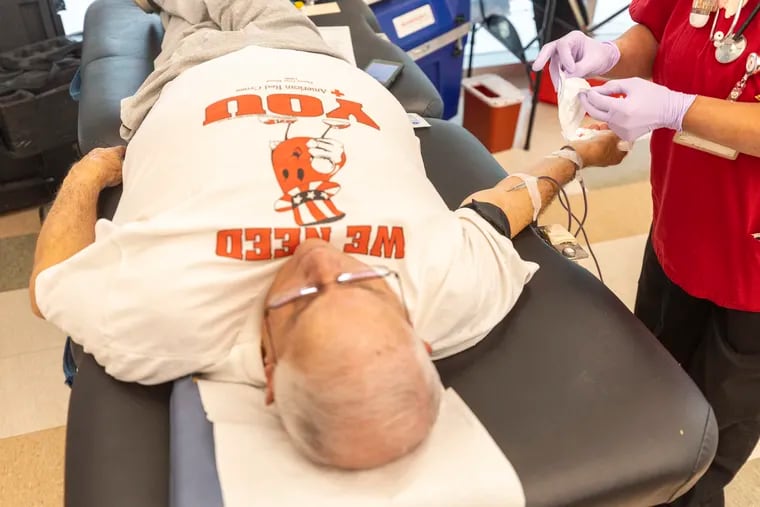 Marc Satalof, 76, of Upper Gwynedd, donating his 280th pint of blood and his last donation at the Perelman Center for Advanced Medicine on Nov., 15, 2023. Marc has been a regular blood donor for over 50 years and has donated around 4-6 pints each year.