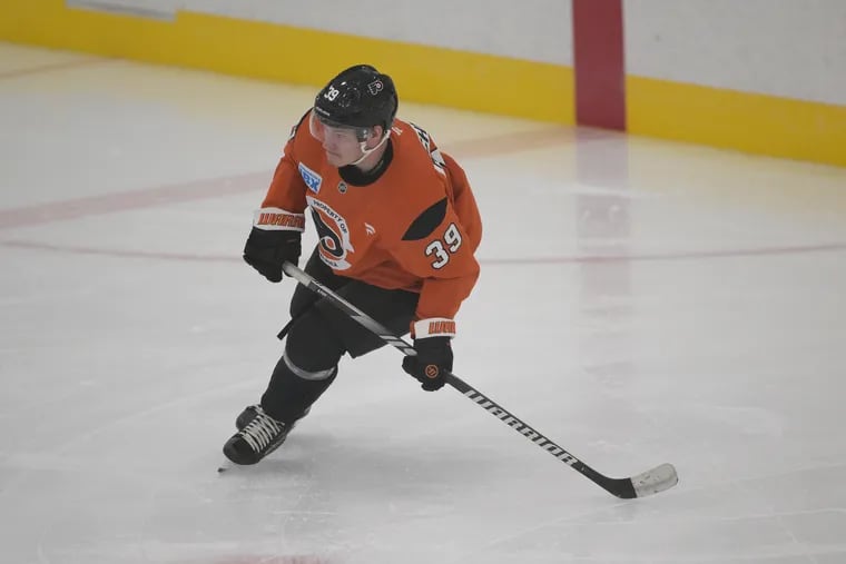 Matvei Michkov, shown during the first day of rookie camp at the Flyers Training Center, scored in the Flyers' rookie game vs. the Rangers on Friday night.